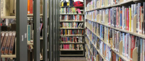 Rows of bookshelves and books in the library